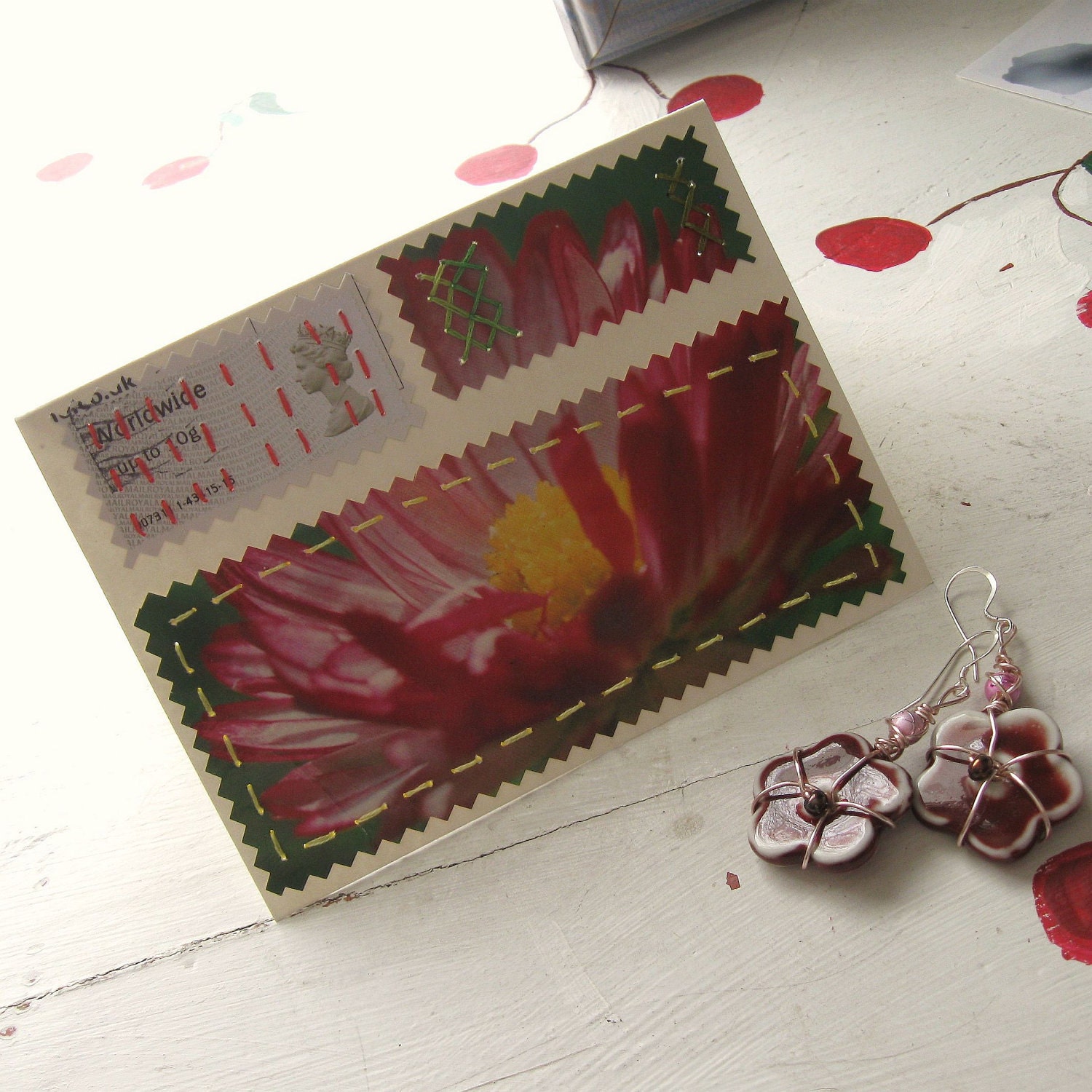CARD PINK FLOWER Embroidered Blank "There's No Place Like Home"