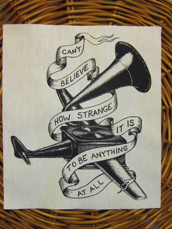 Neutral Milk Hotel inspired Phonograph and Banner Handmade Screen Printed BACK PATCH, black on natural.