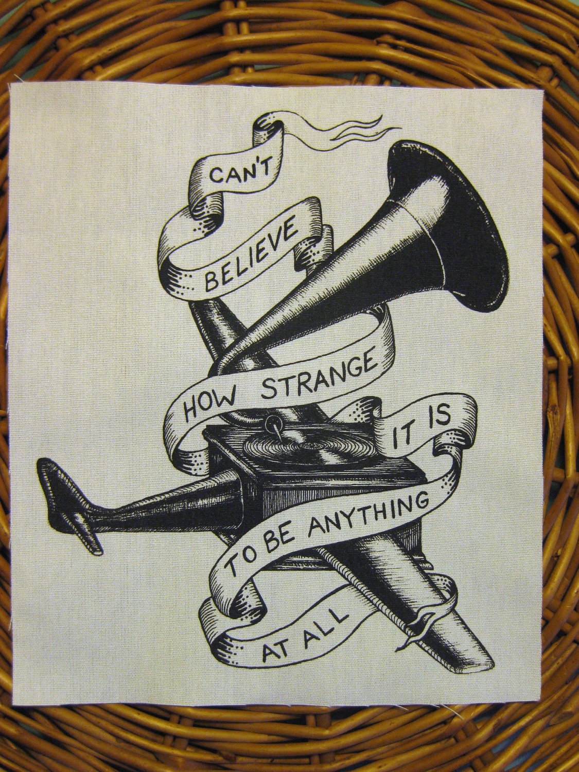 Neutral Milk Hotel inspired Phonograph and Banner Handmade Screen Printed BACK PATCH, black on natural.