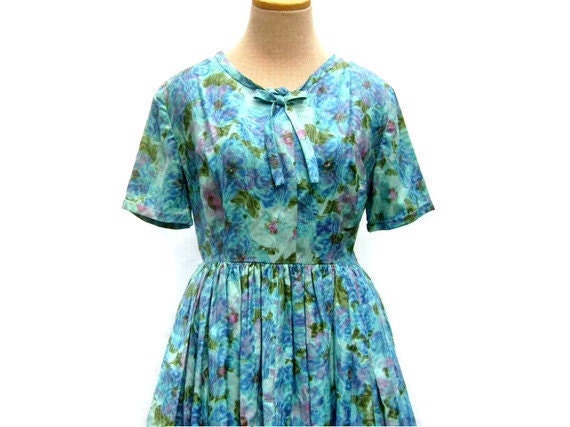 1950s Garden Party Dress in Lovely Watercolor Floral Ikat Fabric