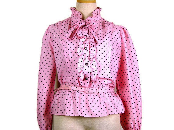 1980s Ruffly Secretary Blouse in Pink with Black Polka Dots