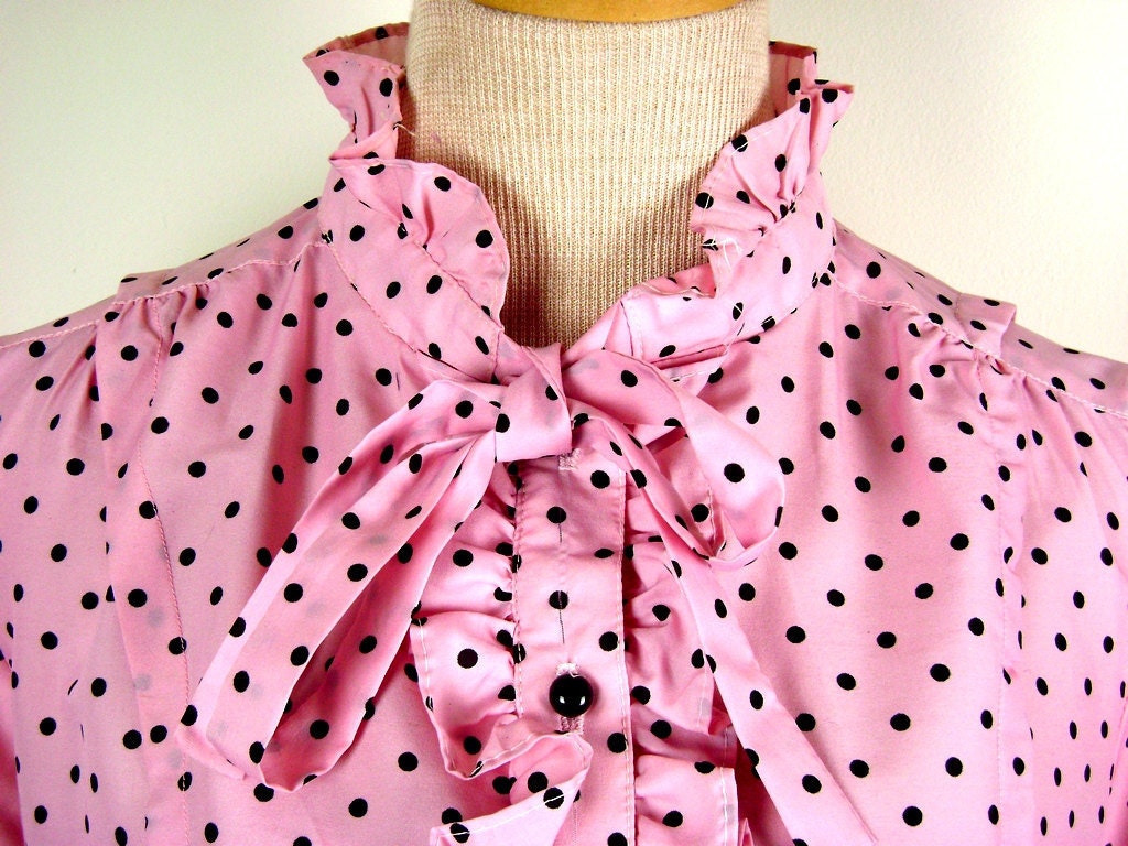 1980s Ruffly Secretary Blouse in Pink with Black Polka Dots