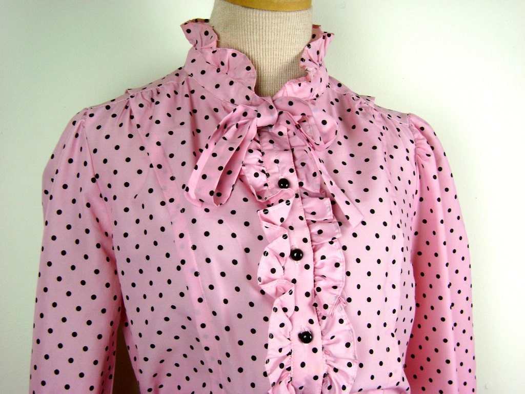 1980s Ruffly Secretary Blouse in Pink with Black Polka Dots