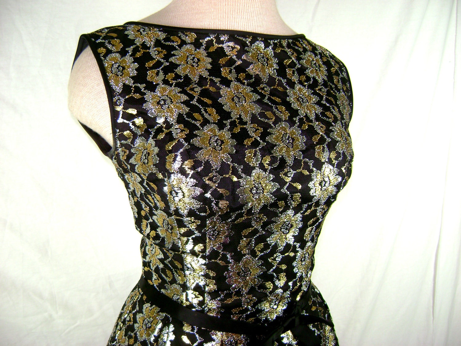 1950s - 1960s Party Dress - Full Skirt Dress in Black with Metallic Floral Embroidery