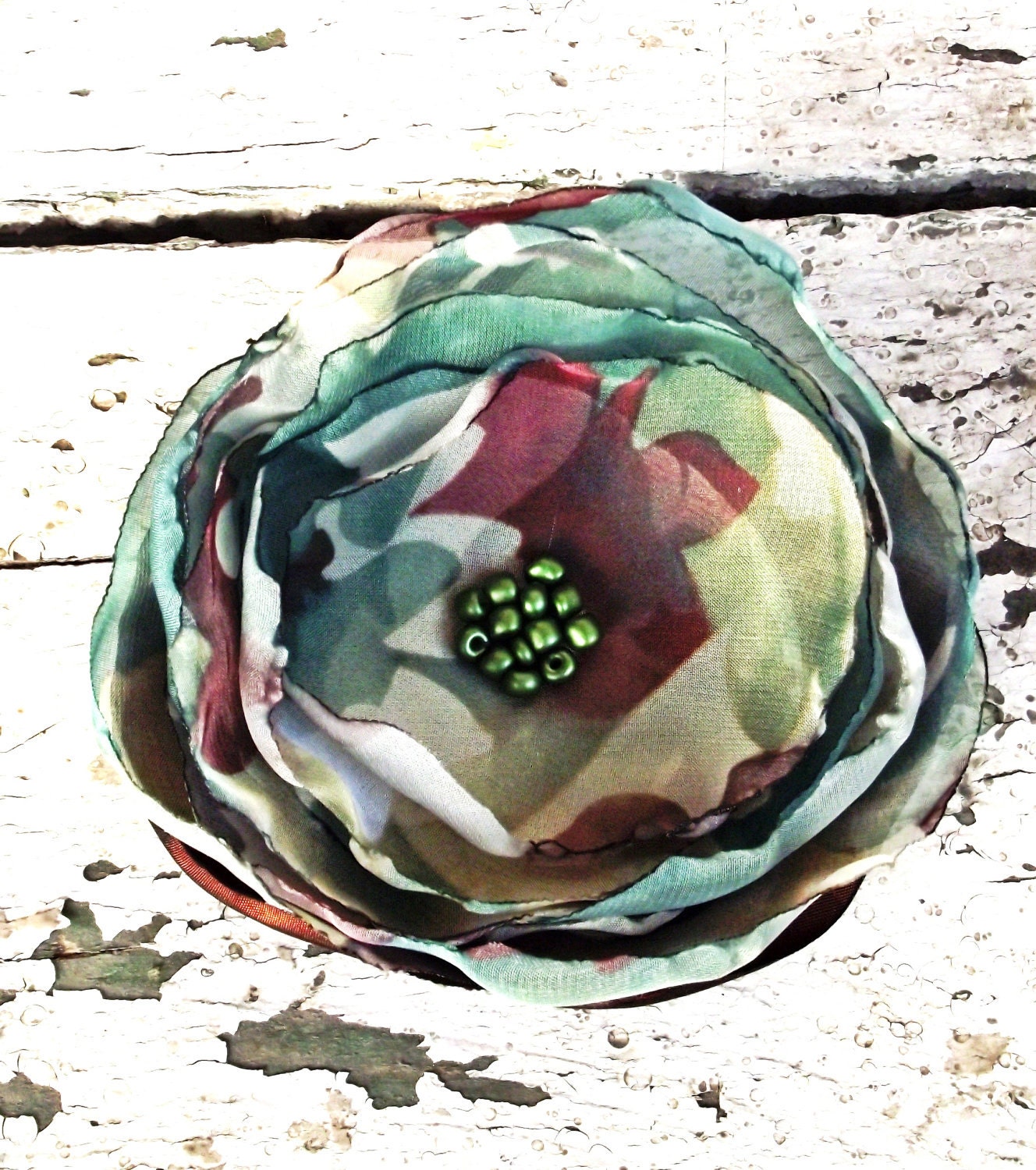 Simona Silk flower corsage brooch green brown earth