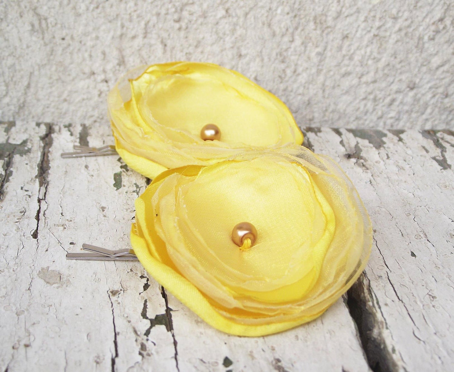 Yellow Organza hair flowers bobby pin bride summer sunshine fashion wedding europeanstreetteam