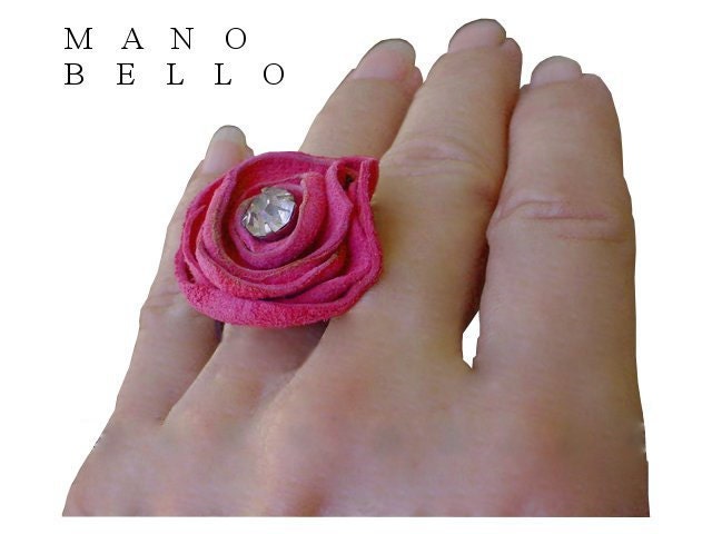 Leather Flower Pink Suede Ring with Faceted Glass Center size 5.5 - 6  in stock