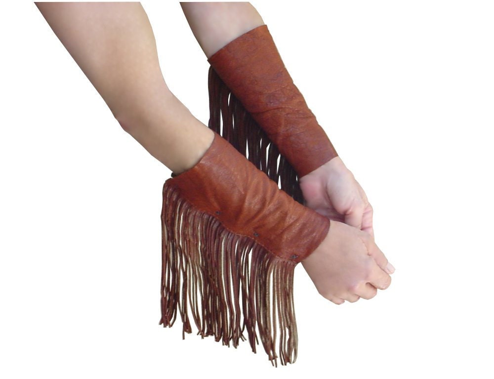 Fingerless Leather Fringe Cuffs Fashion Arm Gloves Russet Soft Leather Gauntlets small in stock