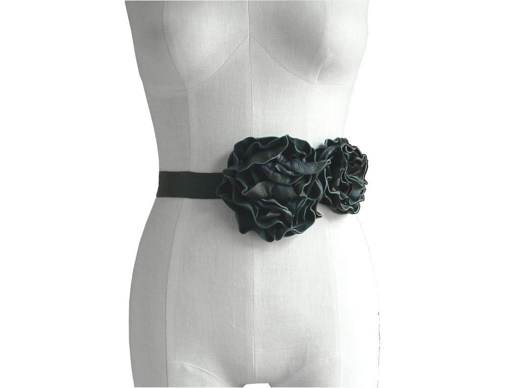 Black Leather Flowers Tie On Belt Wedding Dress Sash Black Flower Duo Small Medium Large X-large,  custom order