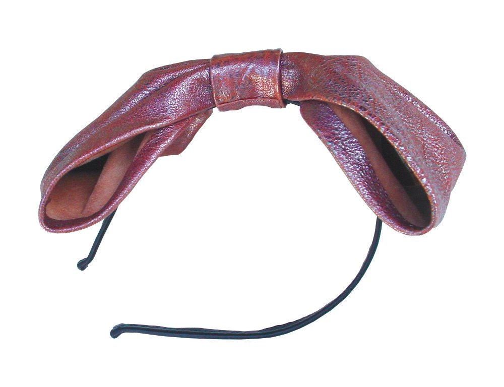 Leather Bow Headband Large Bow Headband Stylecaster News Terra Cotta Silver Metallic Leather Covered Hairband in stock