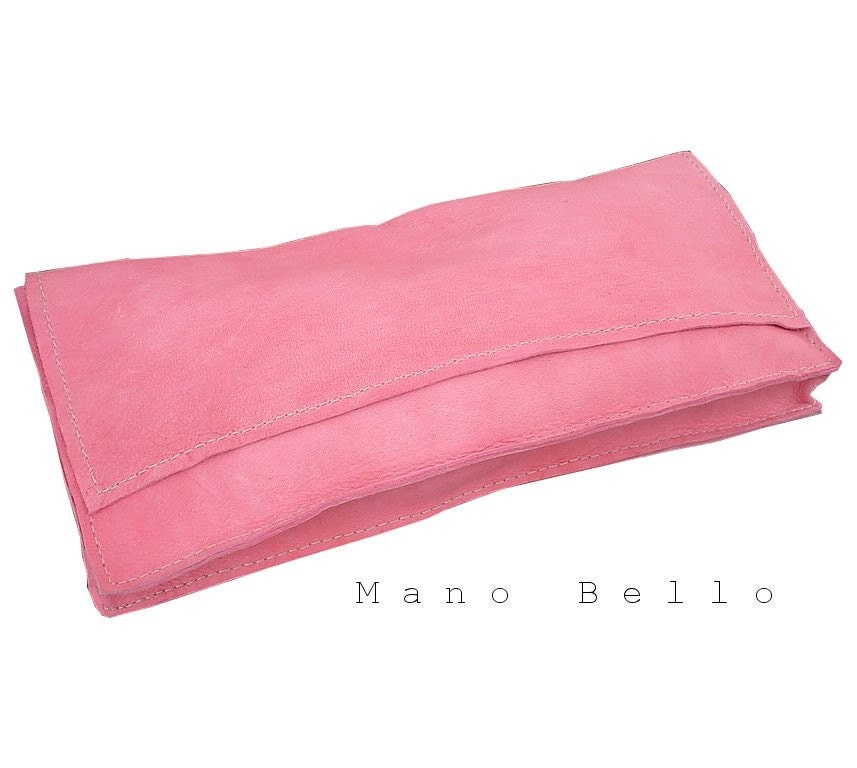 SALE Pink Leather Clutch Bag , Handmade Leather Bag Contrast Stitched 1 in stock