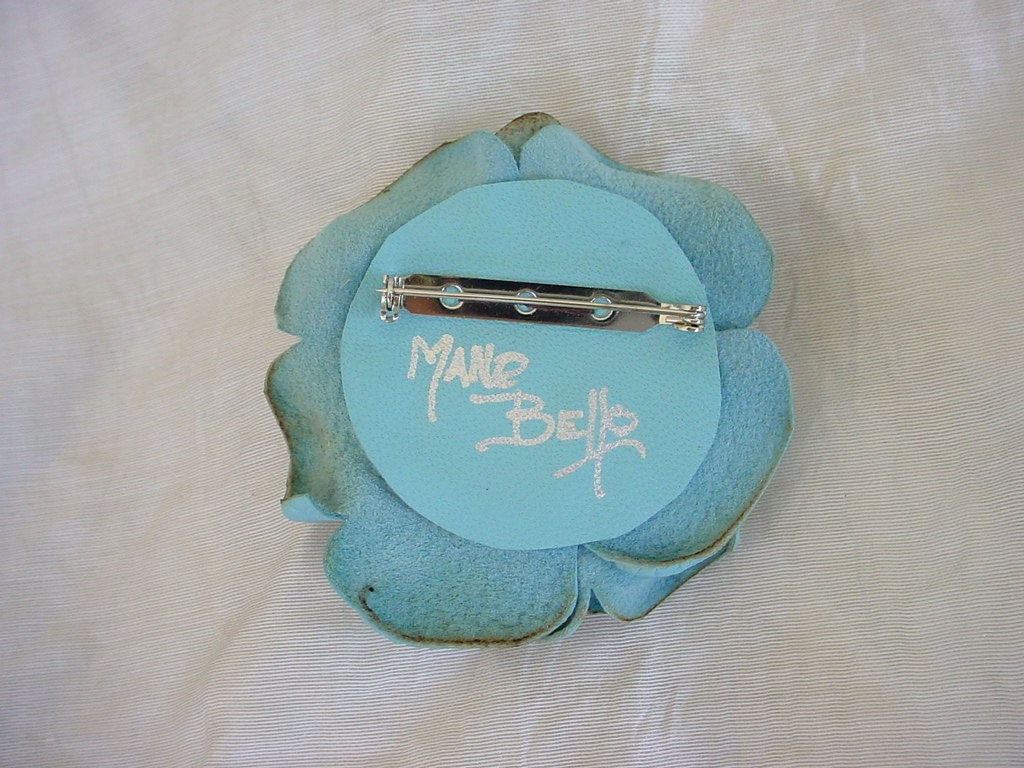 Seafoam Leather Flower Brooch, Boutonniere, Blue Glass Vintage Button Center 2 1/2" in stock