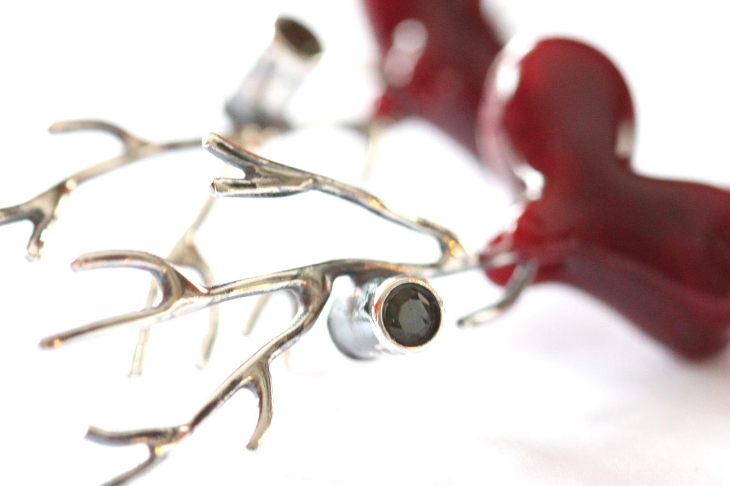 Sterling silver and red lampwork glass twig earrings with faceted gemstones. high fashion modern spring summer statement jewelry.