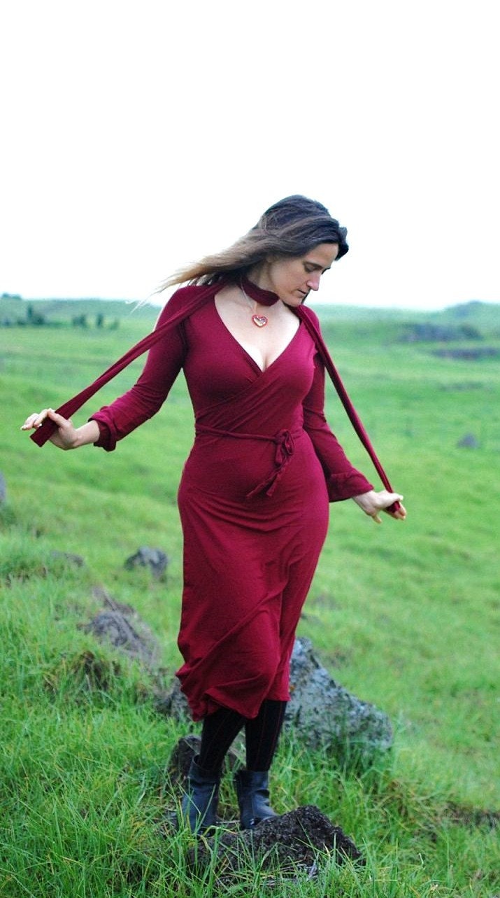 Red Wrap Dress for Women - Organic Cotton Soy Jersey - Eco Friendly - Organic Clothing