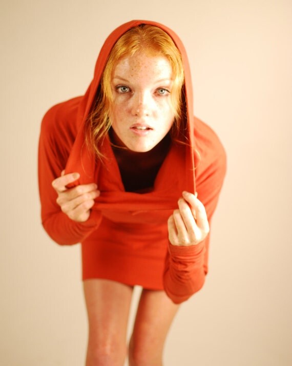 SALE Short Dress Mini Dress Tunic Cowl Hoody in Pumpkin Rust Organic Cotton Soy Eco Friendly SAMPLE SALE
