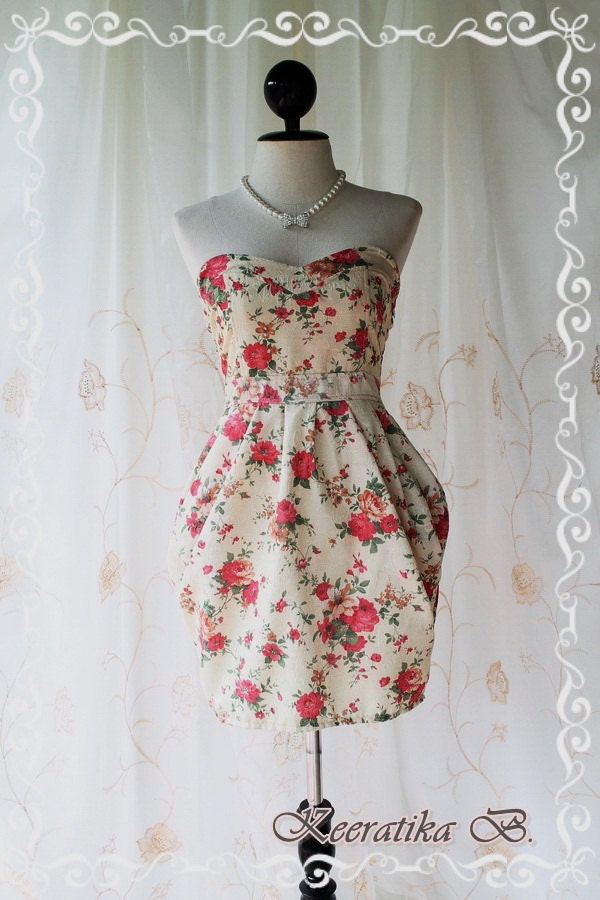 A Lovely Queen III - Strapless Classic Cocktail Dress Light Gold Playful Glamorous Floral Print Party Prom Wedding Bridesmaid Puffed Skirt