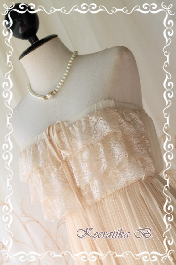 Sunshine Day Dream - Soft French Cream Pastel Toned Silk Chiffon Pleated With Matching Lacy Top Halter And Strapless Long Tunic