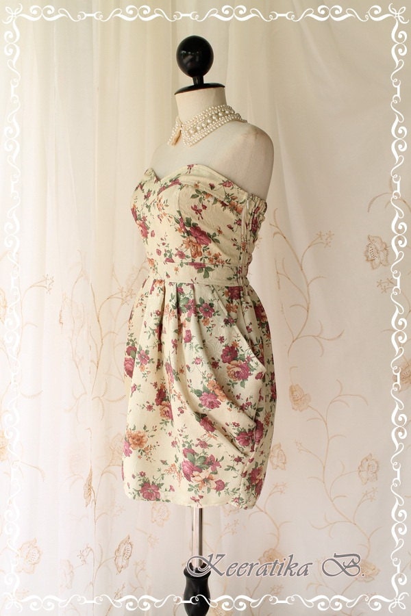 A Lovely Queen III - Strapless Classic Cocktail Dress Light Gold Playful Glamorous Floral Print Party Prom Wedding Bridesmaid Puffed Skirt