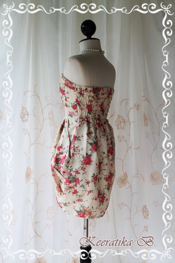 A Lovely Queen III - Strapless Classic Cocktail Dress Light Gold Playful Glamorous Floral Print Party Prom Wedding Bridesmaid Puffed Skirt