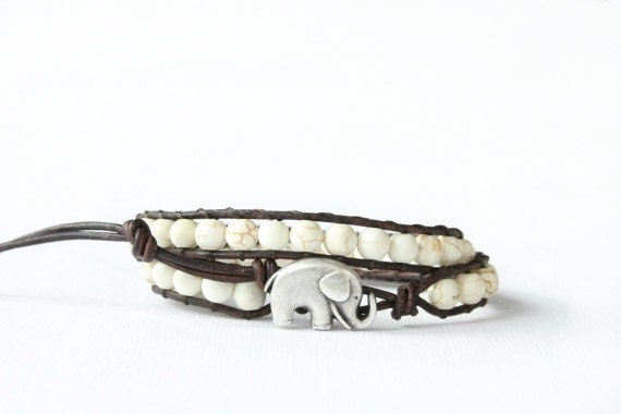 Size Small.... White Turquoise Beaded Leather Wrap Bracelet - the lucky elephant Original with Good Luck Elephant Button