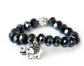 On Sale... For Good Luck. Super Sparkly GOOD LUCK ELEPHANT Charm Bracelet  - Midnight Blue Faceted Crystals, Crystal Rhinestone Accents