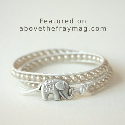 Rhinestone GOOD LUCK ELEPHANT leather wrap bracelet - Metallic cream leather with taupe glass pearls and rhinestone elephant