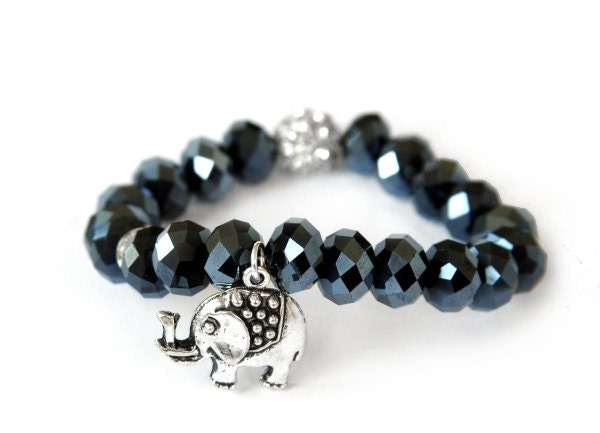 On Sale... For Good Luck. Super Sparkly GOOD LUCK ELEPHANT Charm Bracelet - Midnight Blue Faceted Crystals, Crystal Rhinestone Accents