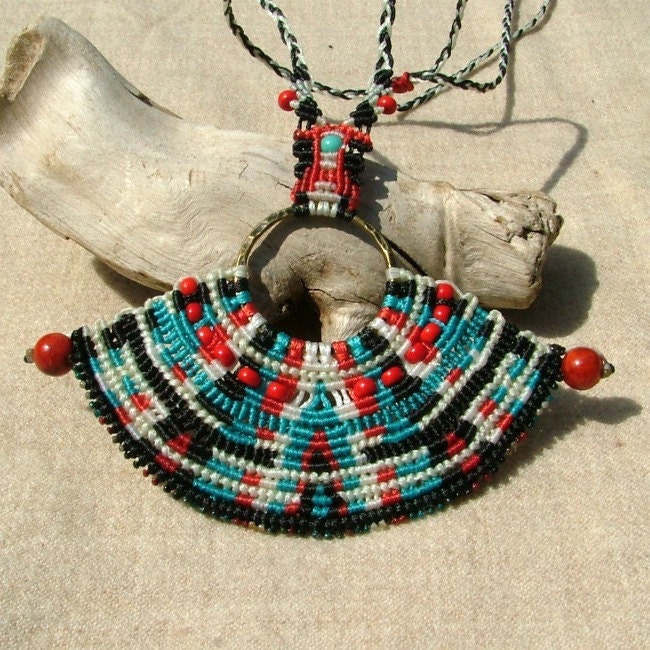 Mayan micro macrame necklace with red coral beads