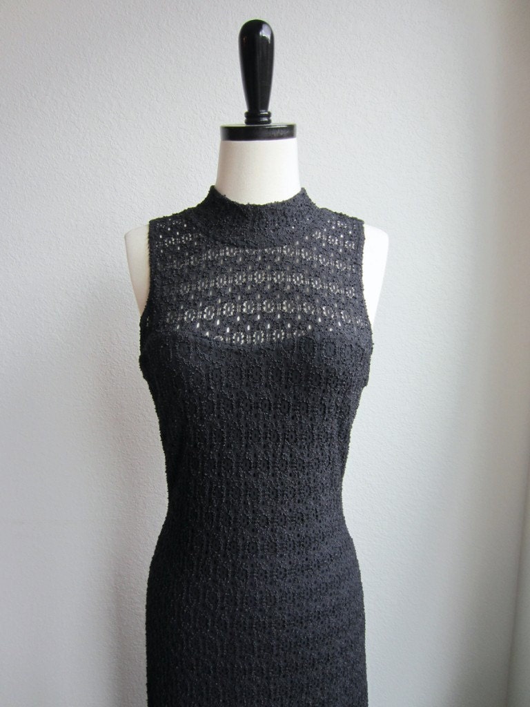 RESERVED FOR ALANA Black See Through Lace Crochet 90's Grunge Body Con Long Gown Dress Size Medium