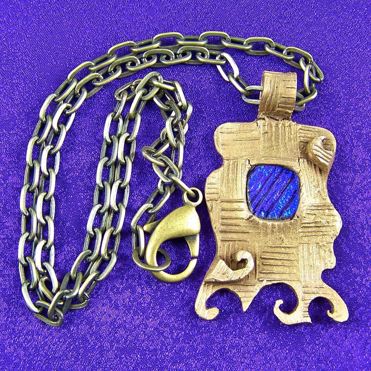 Ancient Bronze Wave PMC Pendant with Cobalt Dichroic Fused Glass - Hand Cut Precious Brass Clay