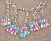 Dichroic Necklace - Diamonds & Ice Fused Glass -  Teal Blue Pink Gold Dangle from a 20" Chain