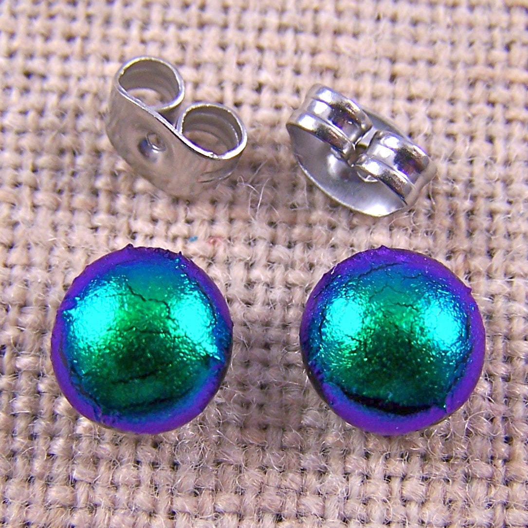 Tiny Dichroic Post Earrings - 1/4" 6mm 7mm - Emerald Metallic Jade Green Fused Glass Lolly Pop
