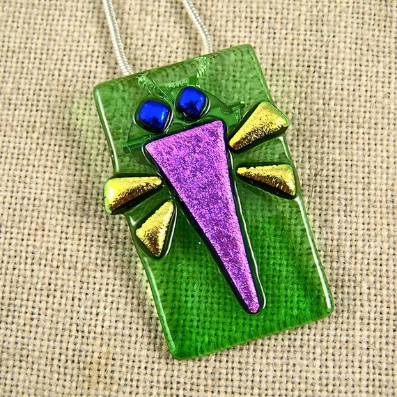 Dragonfly Dichroic Pin AND Pendant - Lime Green Hot Pink Gold & Blue Fused Glass