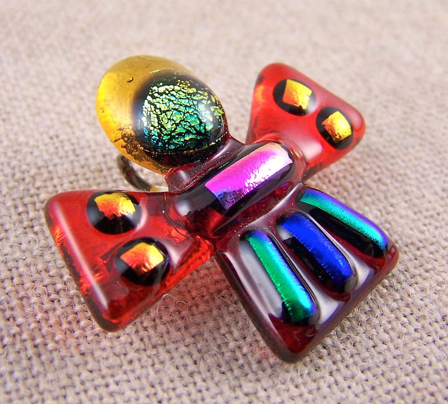 Dichroic Angel Pin AND Pendant - RED RUBY Cayenne Amber Orange Pink Blue Green Fused Glass