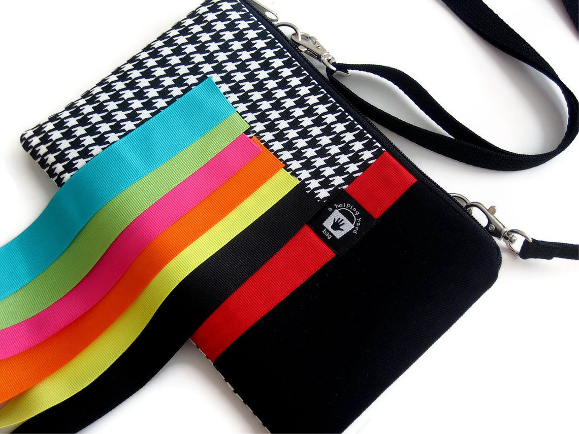 Custom iPad Mini Cover Case, Kindle Cross Body Bag, Adjustable Strap Zipper Pouch, Black and White Houndstooth, Pick your Accent Ribbon