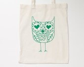 Silk screen print eco bag Green OWL BIRD