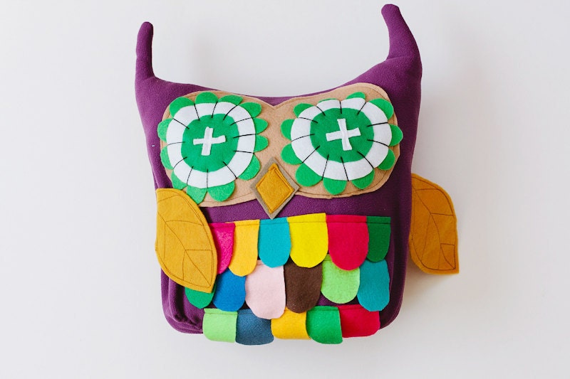 purple OWL colorful urban pillow with leaf wings heart eyes