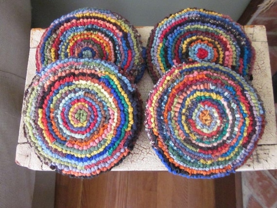 Wool Mug Rugs - Set of Four Hooked Rug Coasters
