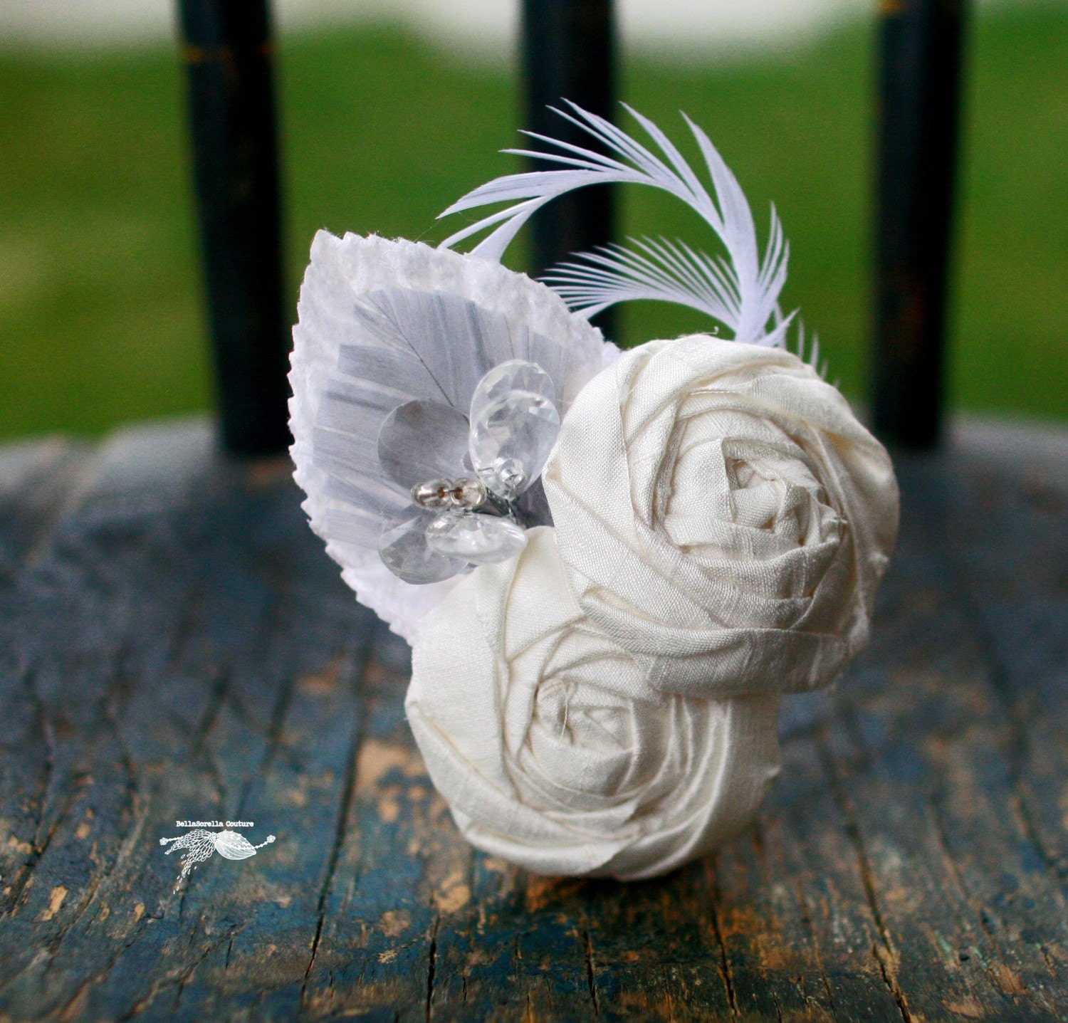 Bridal Feather Fascinator....Bridal Hair Clip...Bridal Rosette Hair Clip...Bridal Hair Piece... Bridal Head Piece...white..grey..ASHLYNN