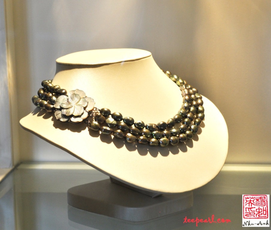 Triple strands genuine fresh water baroque black pearl necklace, floral shell clasp