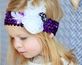 Purple Flapper Sequin Flowers and Feather Headband- Infant to 4 years