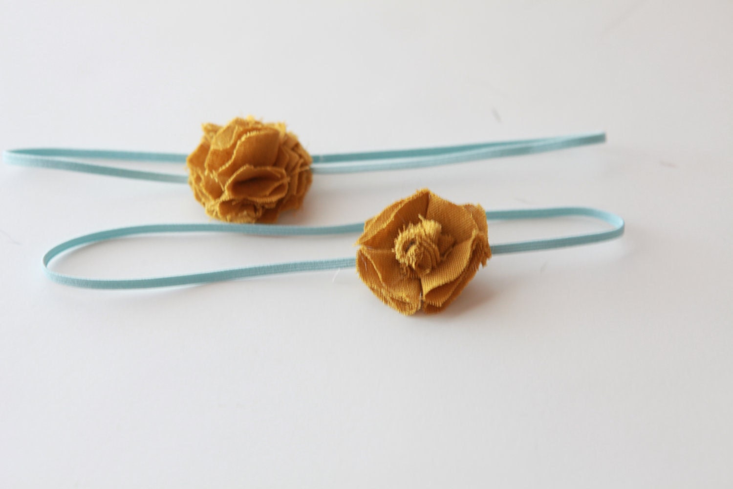 Linen Mustard Flower and Light Blue Headband- Choose Flower style and size.