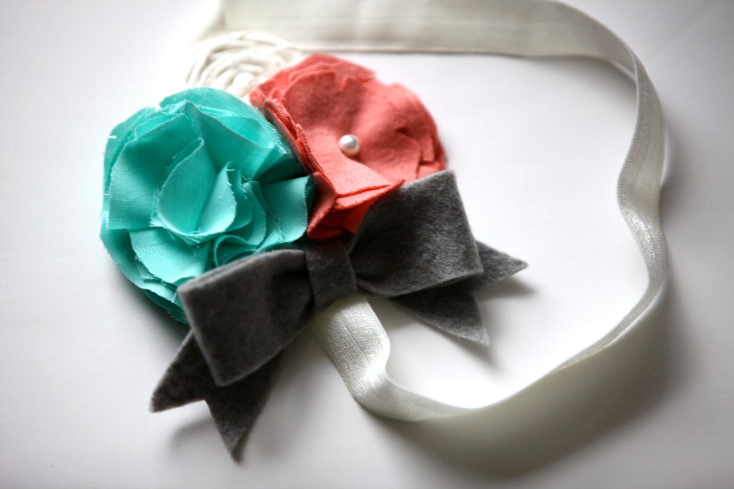 Ingrid Flowers,Rosette, and Bow Headband in Burnt Coral, Spearmint, Grey, and Ivory All Sizes