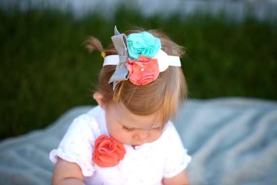 Ingrid Flowers,Rosette, and Bow Headband in Burnt Coral, Spearmint, Grey, and Ivory All Sizes