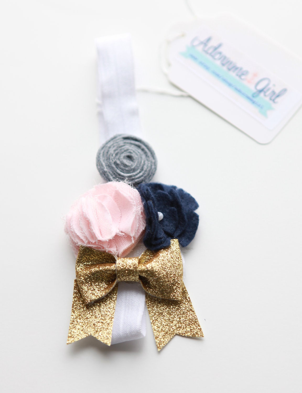 Finley Flowers and Bow Headband in Gold Sparkle, Navy, Light Pink, and Marble Grey- All Sizes