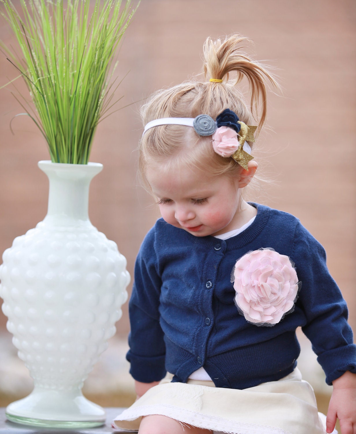Finley Flowers and Bow Headband in Gold Sparkle, Navy, Light Pink, and Marble Grey- All Sizes