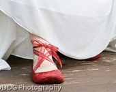 Upturned Toe All Red Satin Slippers with Lace Cutout Overlay and Ballet Ties - uku2