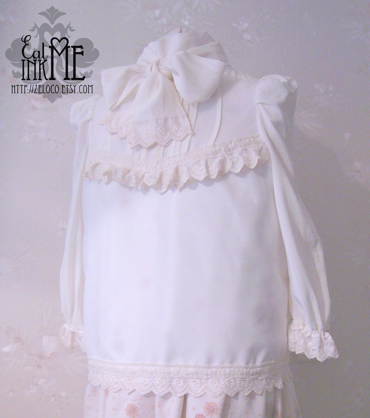 Ivory rose lolita Victorian blouse with giant bow recycled XS, XXS, petite