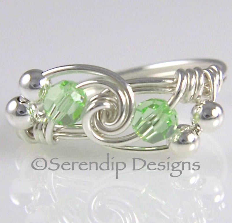 Wire Wrapped Ring Sterling Silver Twist Swarovski Crystal Pale Green