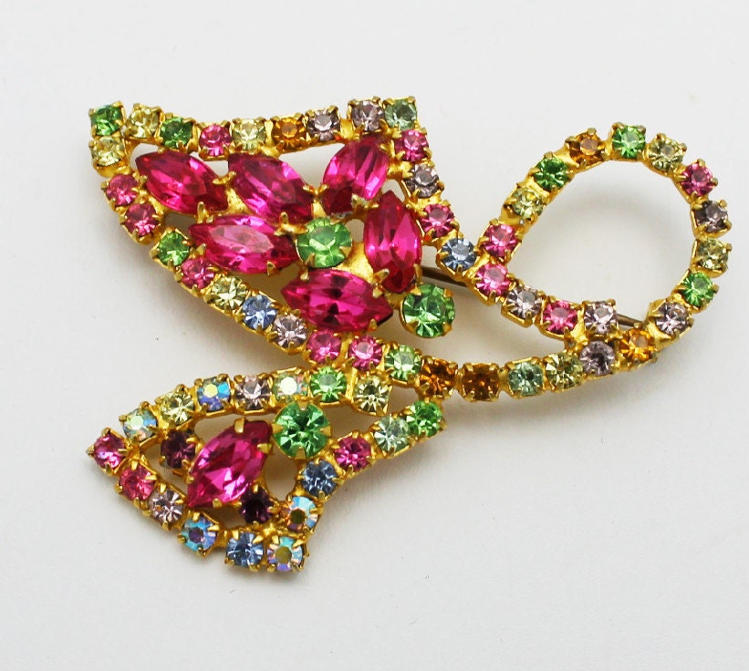 Vintage Brooch Pastel Rhinestones
